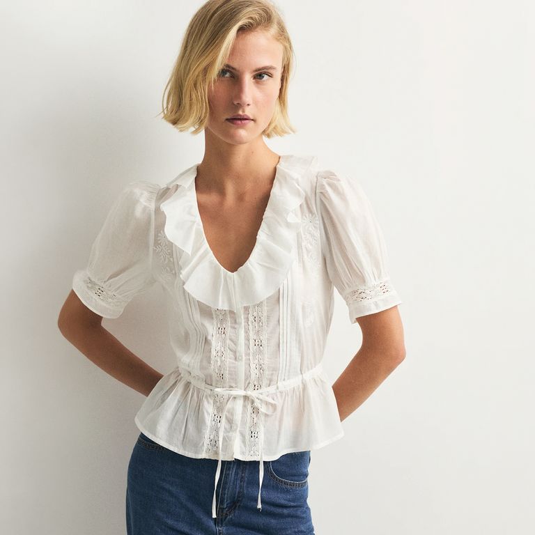 Blusa Bordados Manga Corta 100% Algodón Mujer