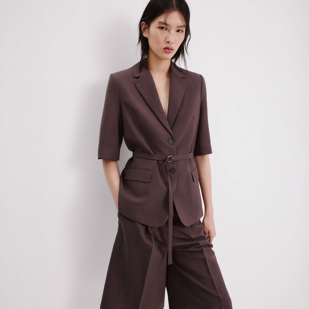 MANGO - Blazer Traje Lino Cinturón Mujer Mango