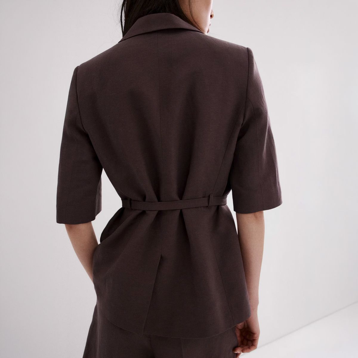 MANGO - Blazer Traje Lino Cinturón Mujer Mango