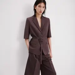 MANGO - Blazer Traje Lino Cinturón Mujer