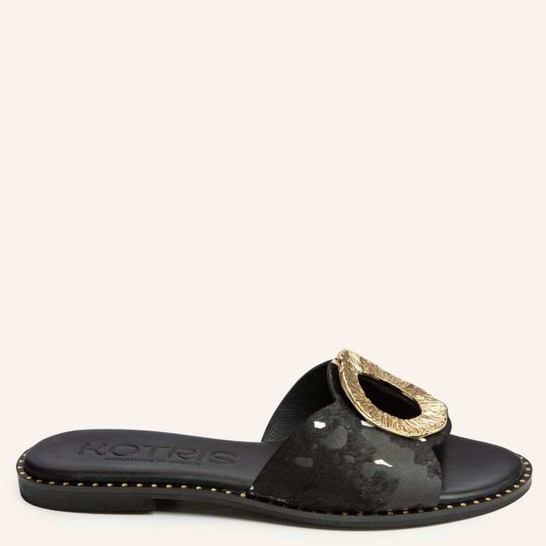 Sandalia Mujer Cuero Negro Animal Print Adorno Chapado En Oro