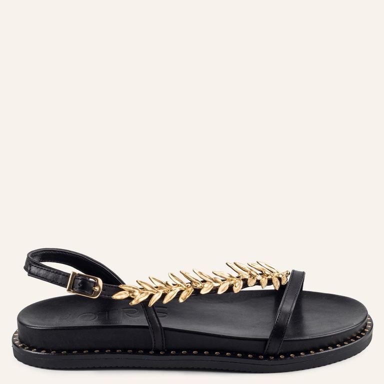Sandalia Mujer Cuero Negro Hojas Chapadas En Oro