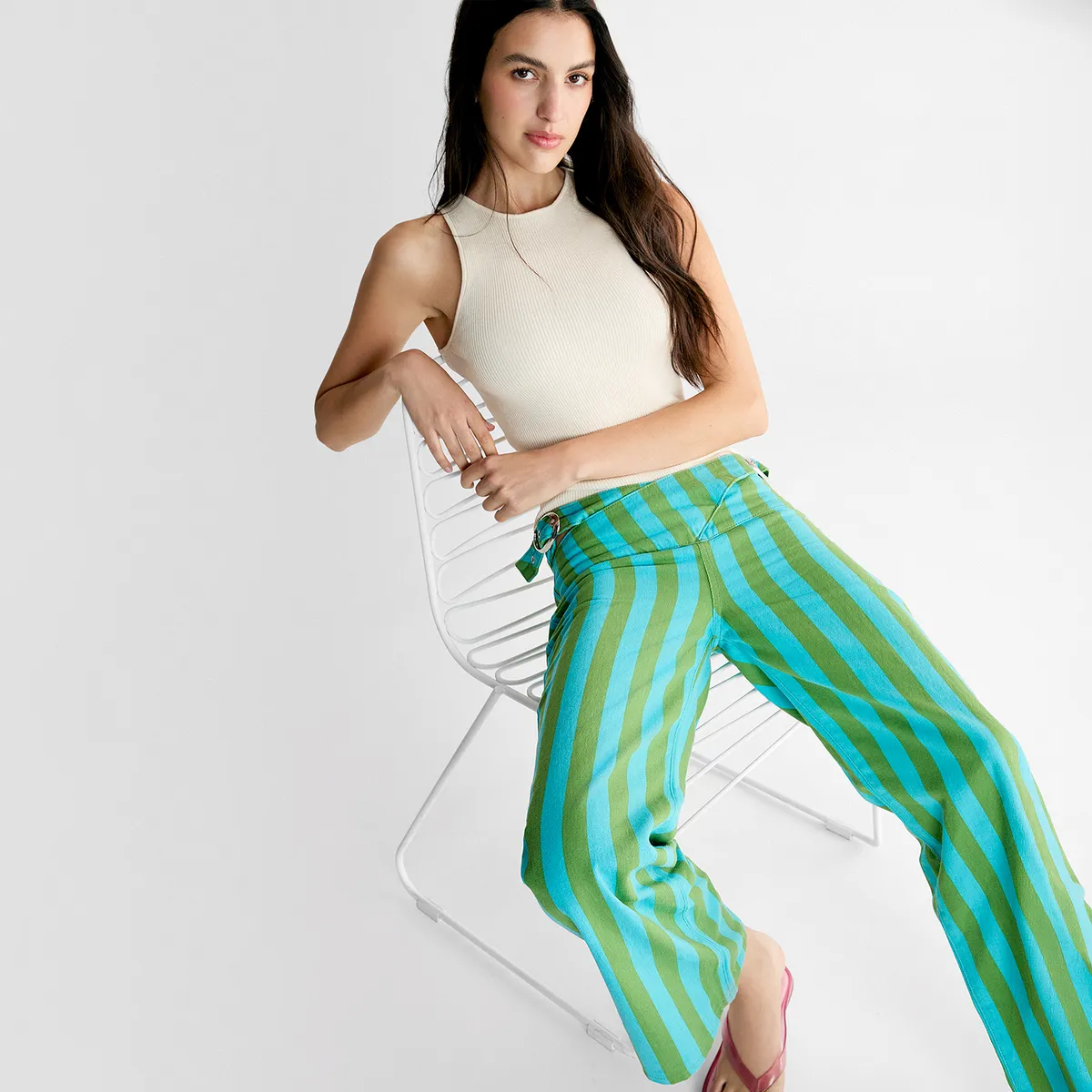 NICOLI - Pantalón Raya Cintura Cruzada 100% Algodón Mujer Nicoli