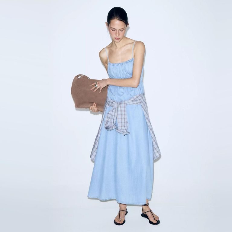 Vestido Vaquero De Lyocell Fruncido Mujer