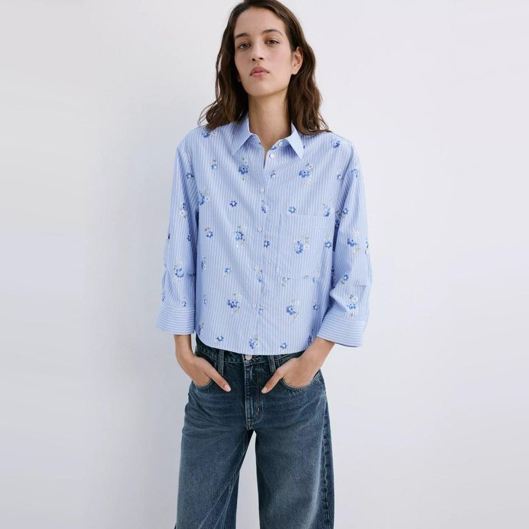 Camisa A Rayas Bordada Con Flores Mujer