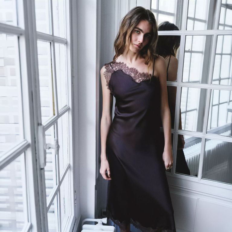 Vestido Asimétrico De Encaje Satinado Mujer