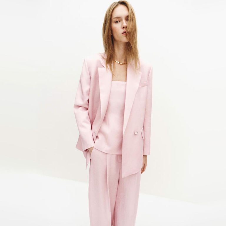 Blazer De Traje Cruzado De Mezcla De Lino Mujer