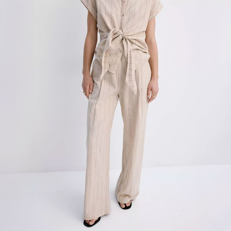 Pantalón De Lino A Rayas Mujer