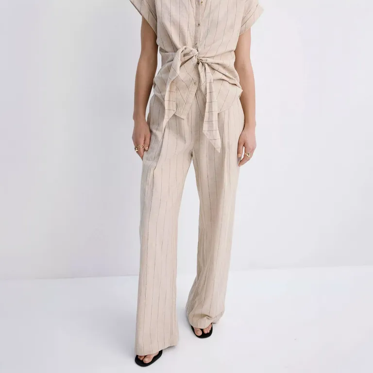 Pantalón De Lino A Rayas Mujer