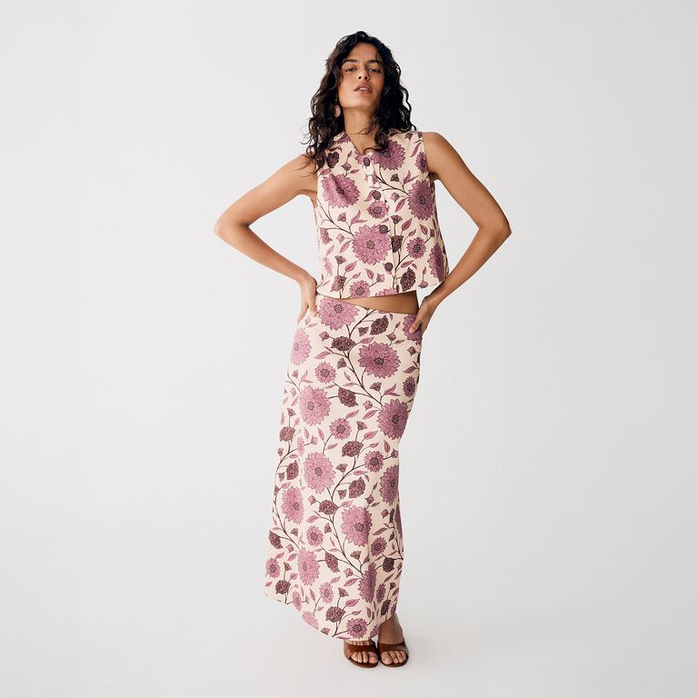 Falda Midi Estampado Flores Mujer