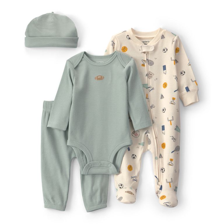 Conjunto 4 Piezas Pijama, Pantalón, Body y Gorro Bebé Niño