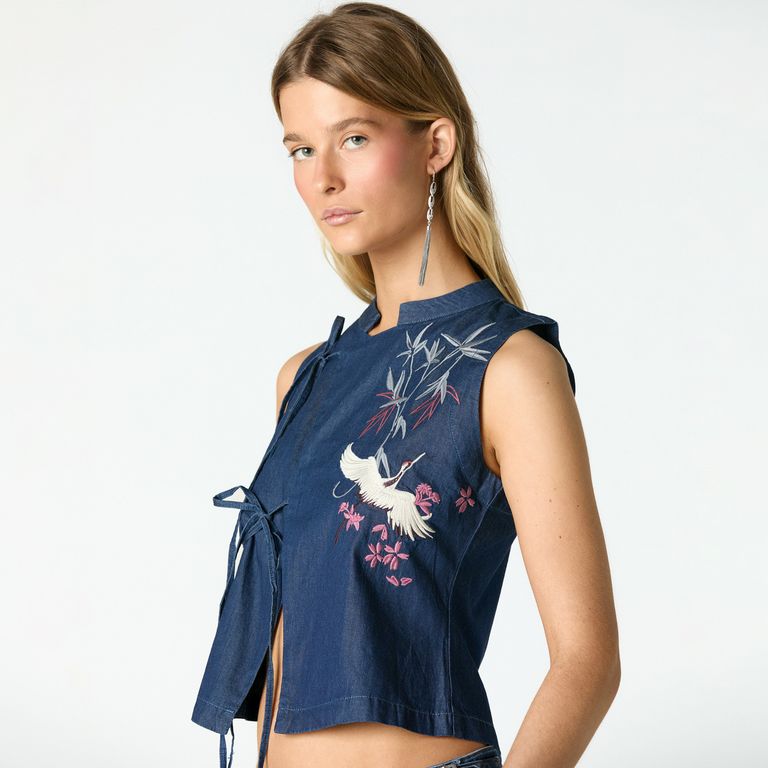 Top Denim Bordados 100% Algodón Mujer