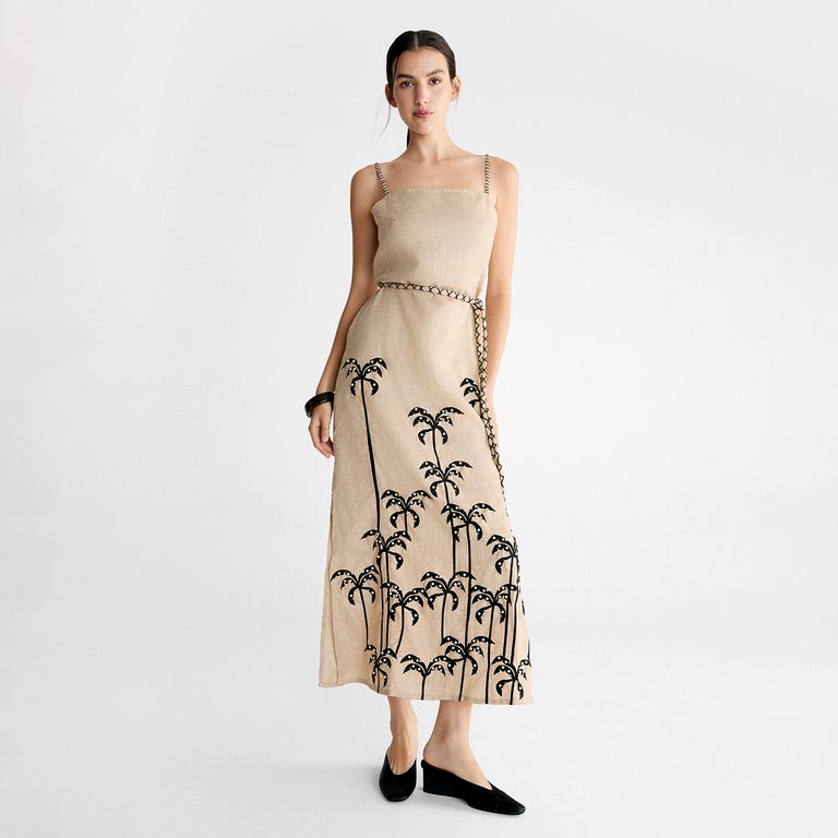 Vestido Estampado Palmeras Lino Mujer