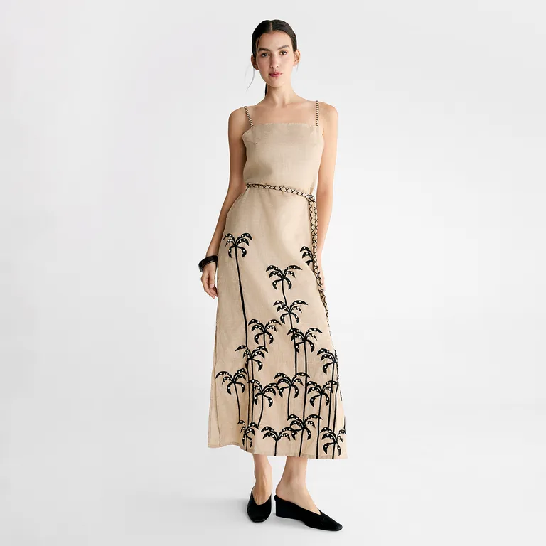 Vestido Estampado Palmeras Lino Mujer
