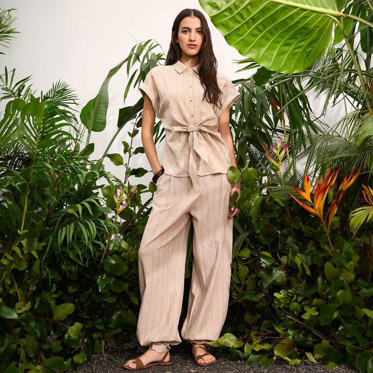 Pantalón De Lino A Rayas Mujer