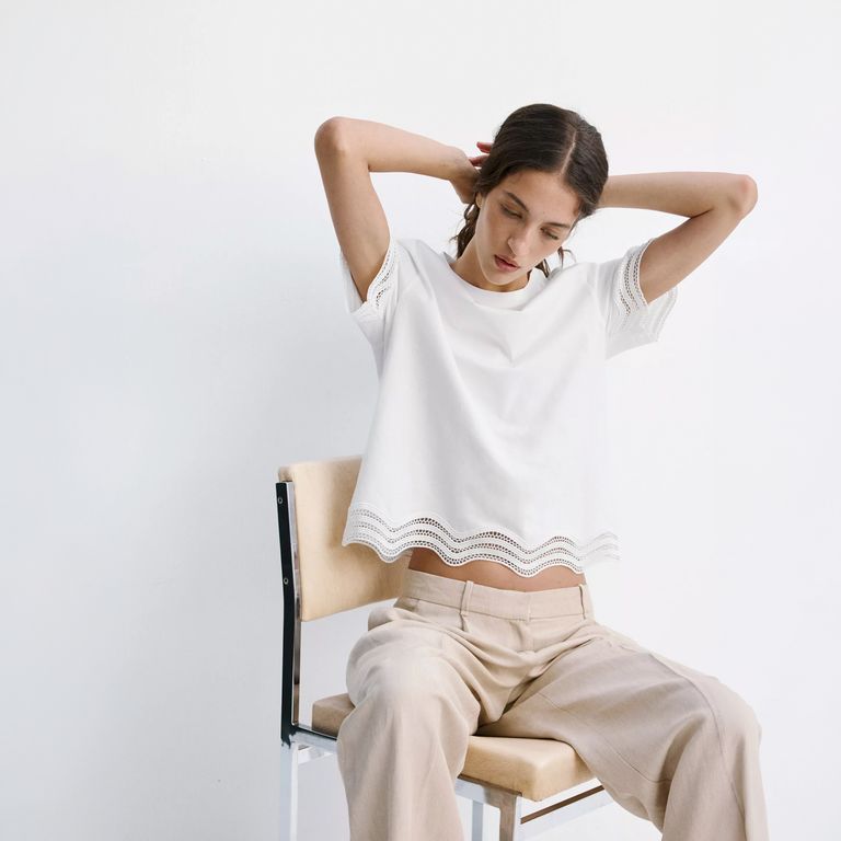 Polera Algodón Detalle Bordados Calados Mujer