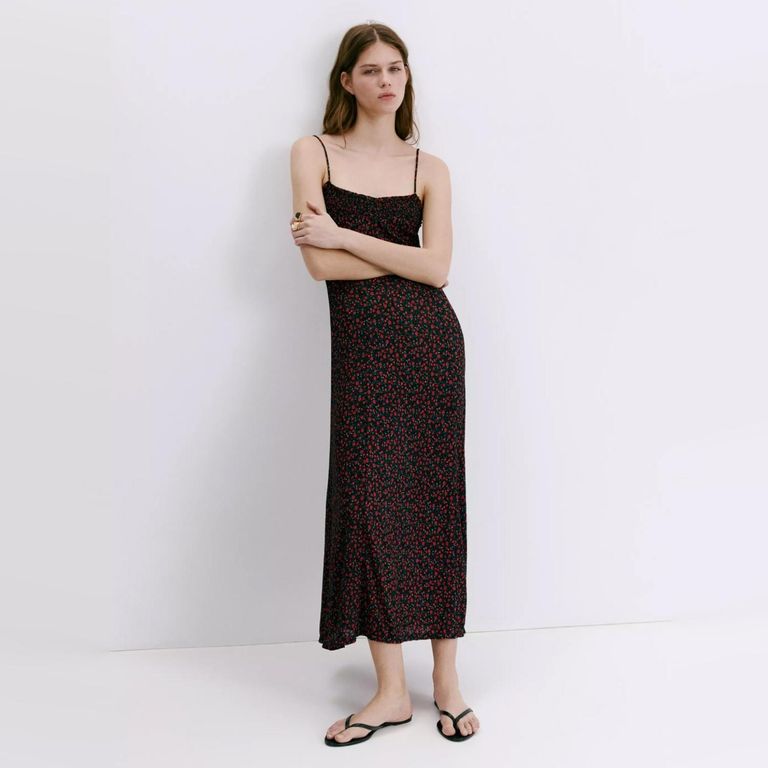 Vestido Midi Floral Escote Fruncido Mujer