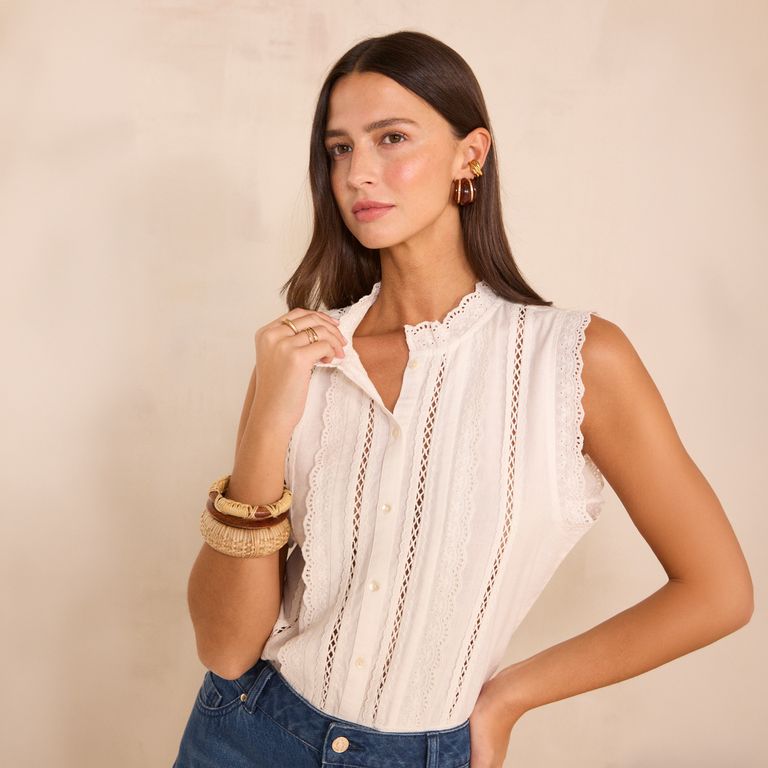 Blusa Sin Mangas Broderie 100% Algodón Mujer