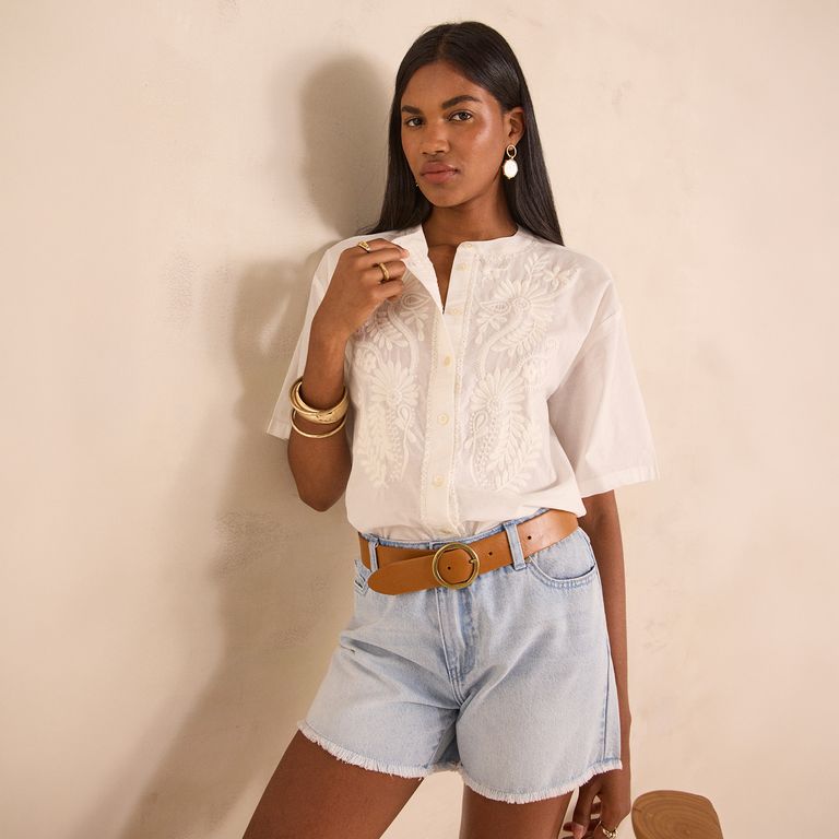 Blusa Manga Corta Detales Bordados 100% Algodón Mujer