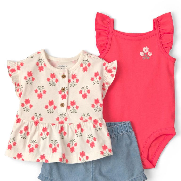 Conjunto 3 Piezas Polera, Body Y Short Bebé Niña