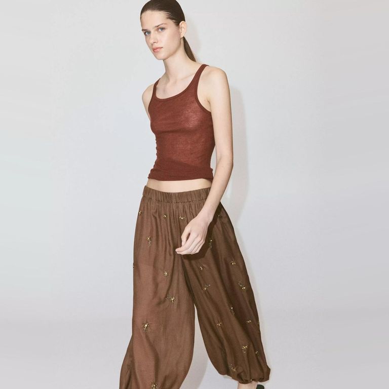 Pantalón Balloon Apliques Bordados Mujer