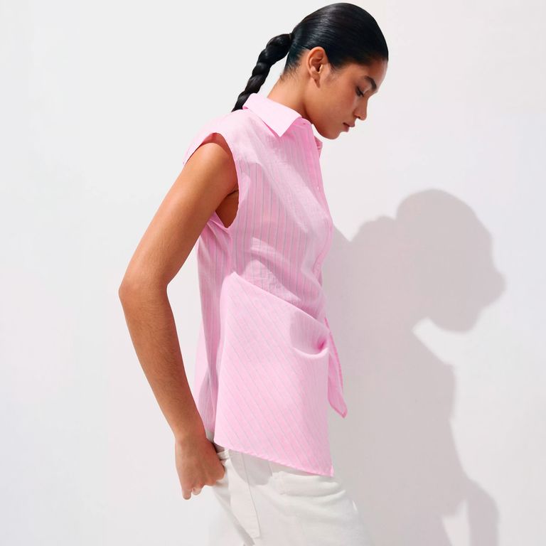 Blusa De Algodón Anudada A Rayas Mujer