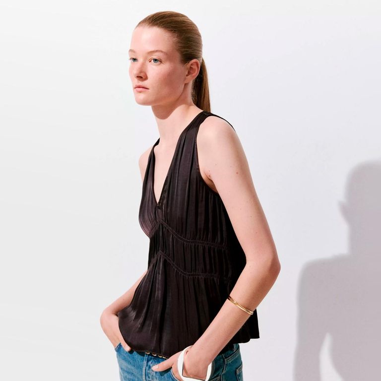 Top Cuello Pico Fruncido Mujer
