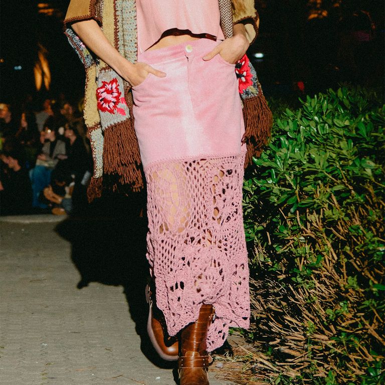 Falda Cuero Detalle Crochet Mujer