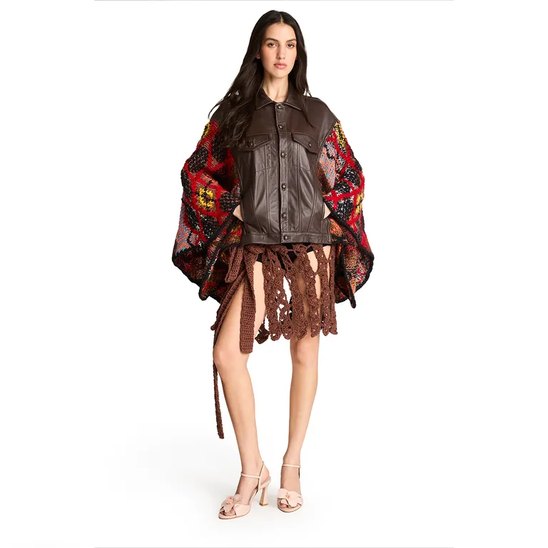 Chaqueta Cuero Mangas Tejidas Mujer