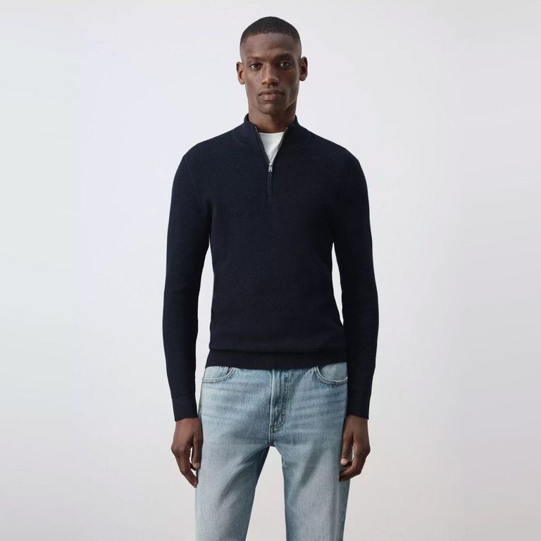 Jersey Punto Fino Mezcla Algodón Estructura Cremallera Hombre