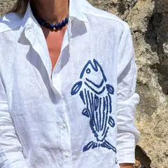 VDAMIANI - Blusa Fish Bordada 100% Lino Mujer