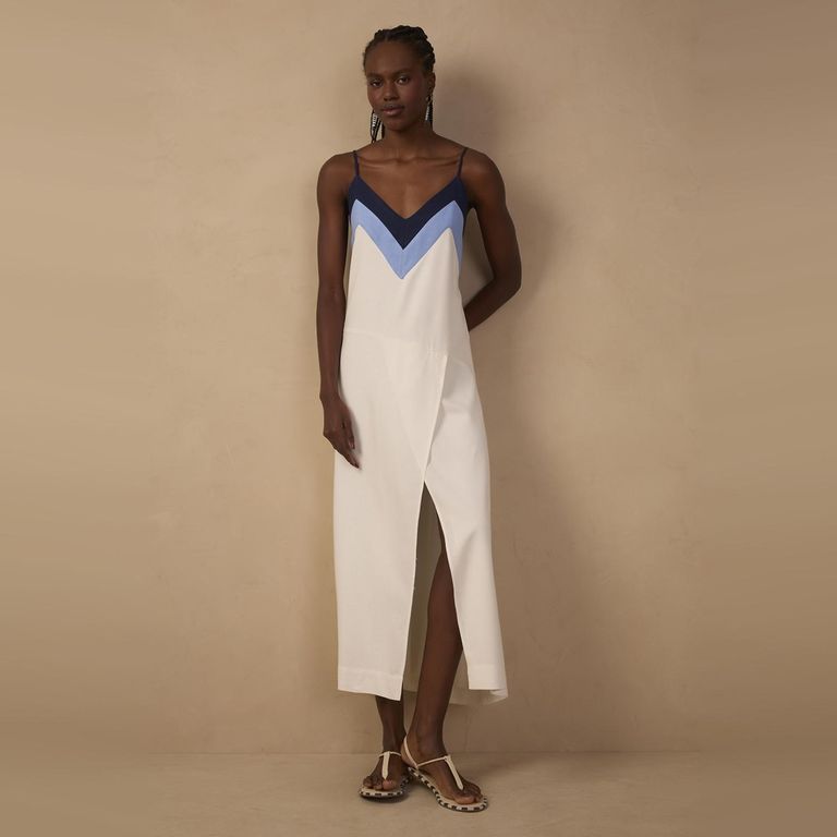 Vestido Con Lino Escote V Mujer