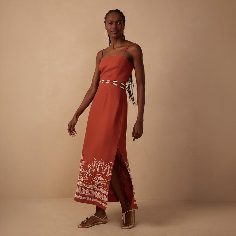 Vestido Lino Bordado Mujer