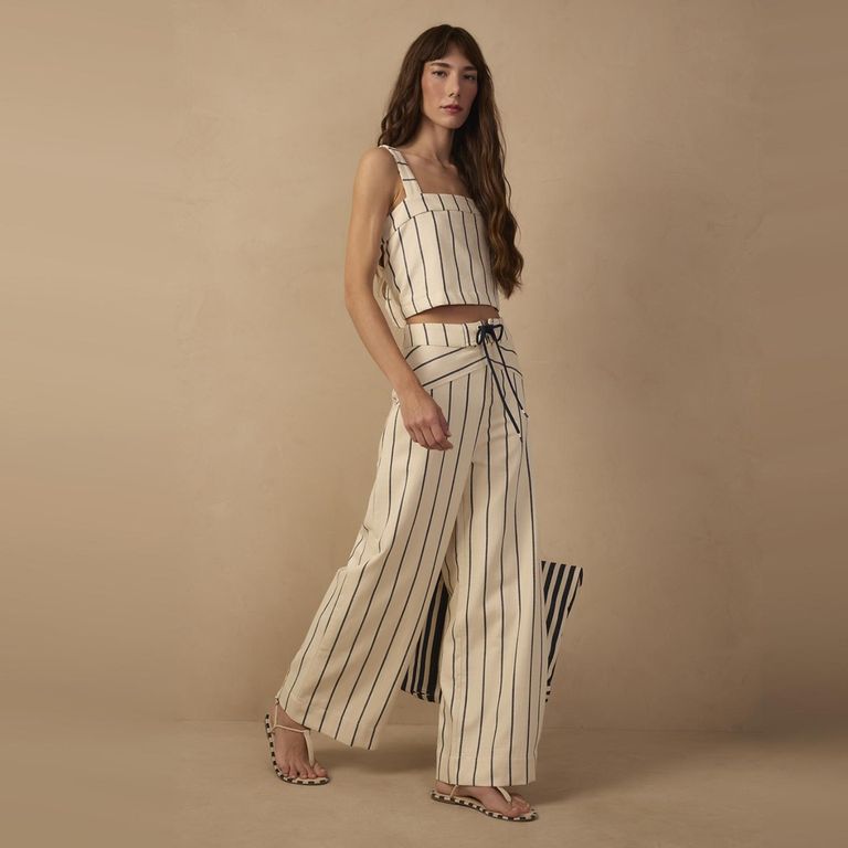 Pantalón Rayas Wide Leg 100% Algodón Mujer