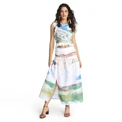 SAVIA - Falda Midi Lua Print 100% Lino Mujer