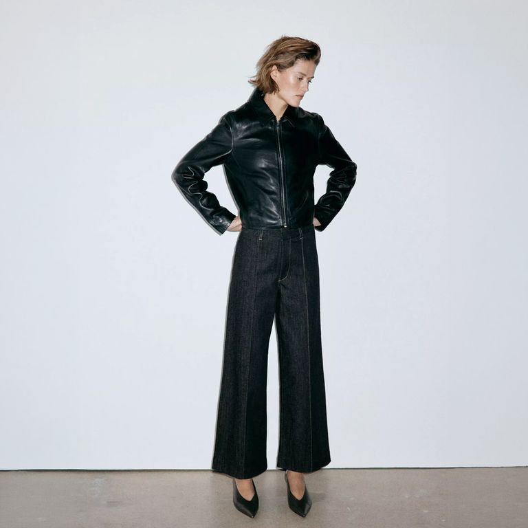 Jeans Wide Leg Tiro Alto Costuras Mujer