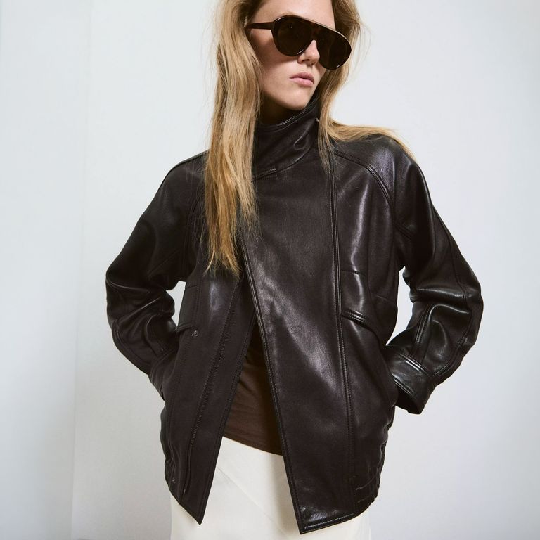 Chaqueta Oversize 100% Cuero Cuello Chimenea Mujer
