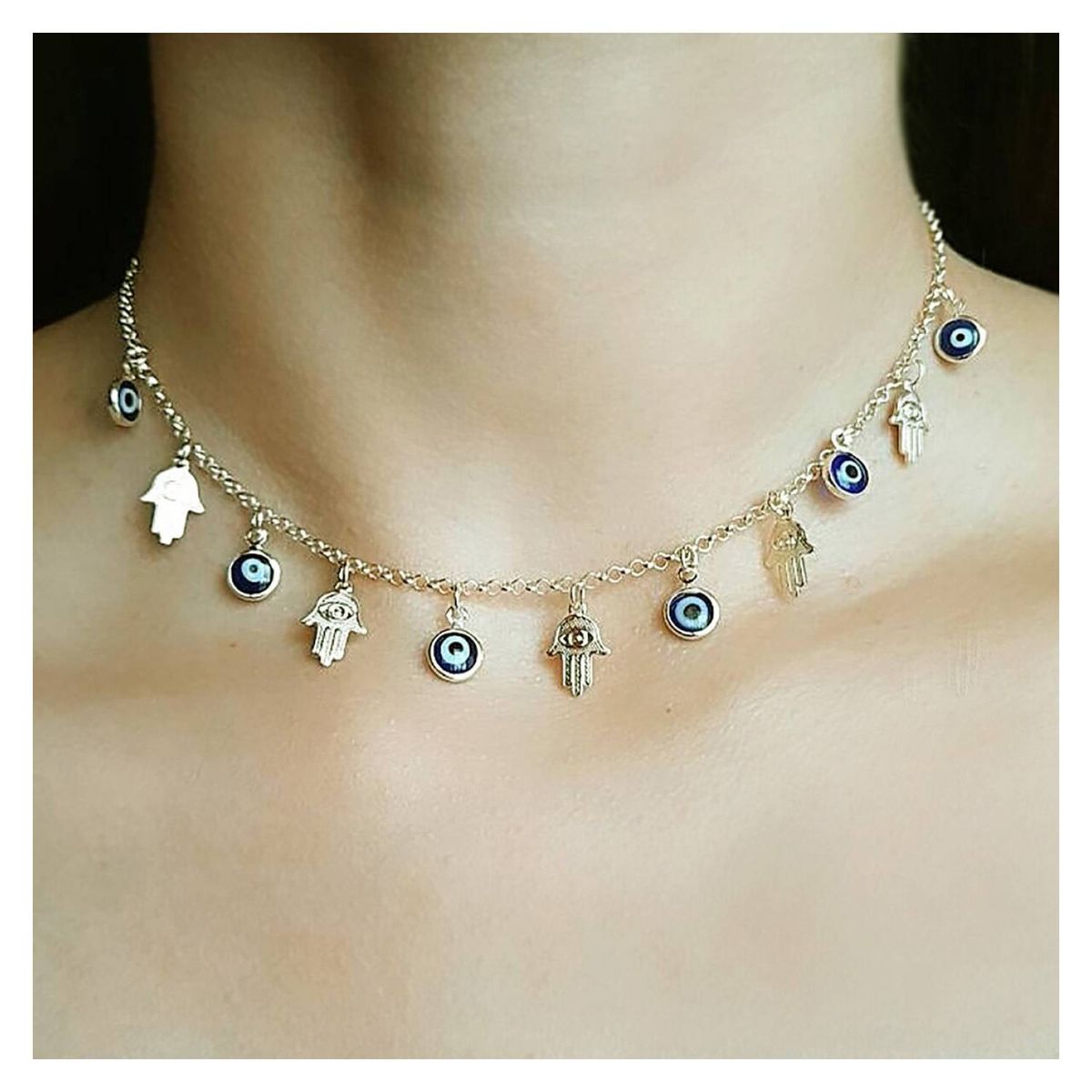 COGGIOLA - Collar Choker Ojo Turco Mano Fátima Enchapado Oro 18K