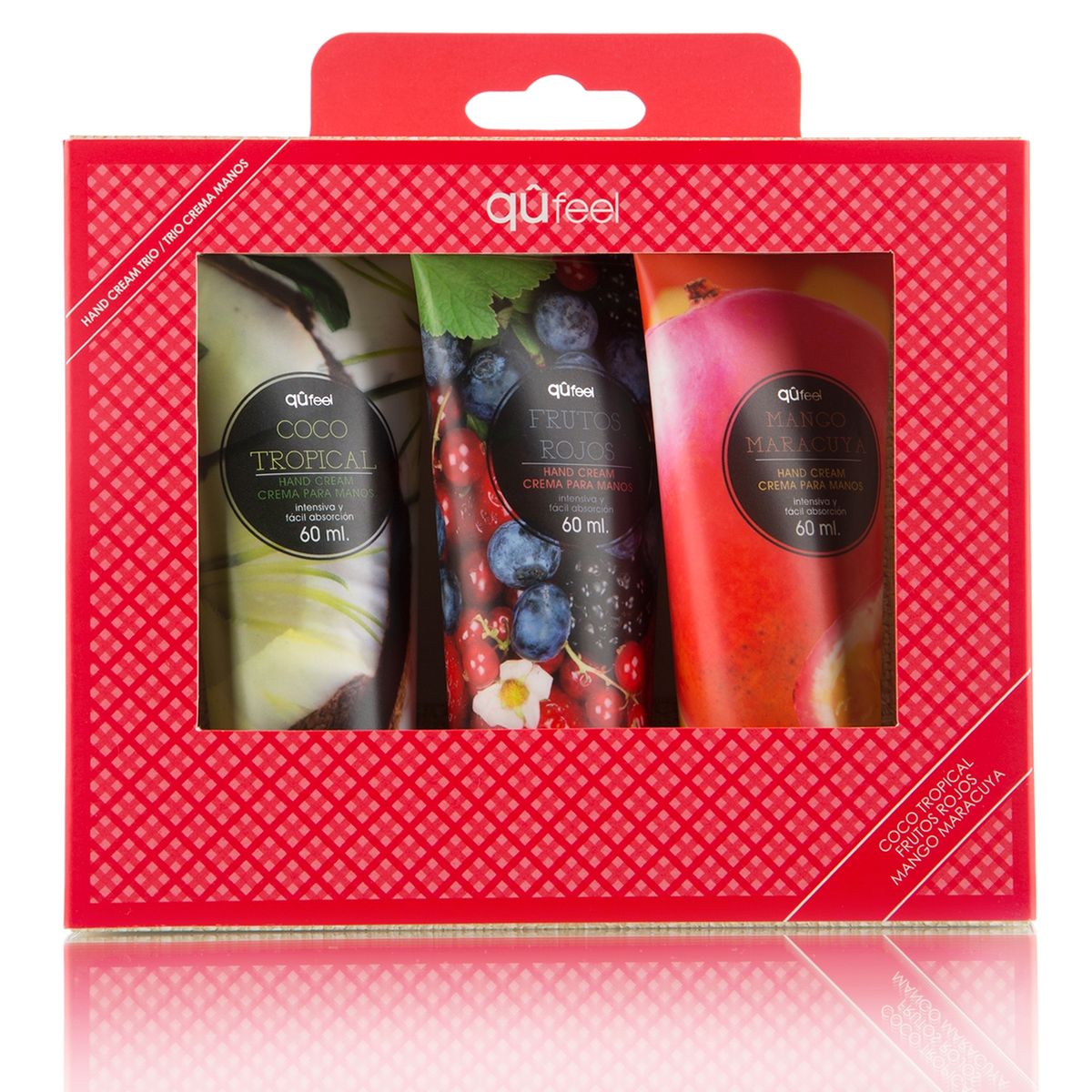 QUFEEL - Set Cremas de Manos Coco Tropical 60 ML + Frutos Rojos 60 ML + Mango Maracuya 60 ML