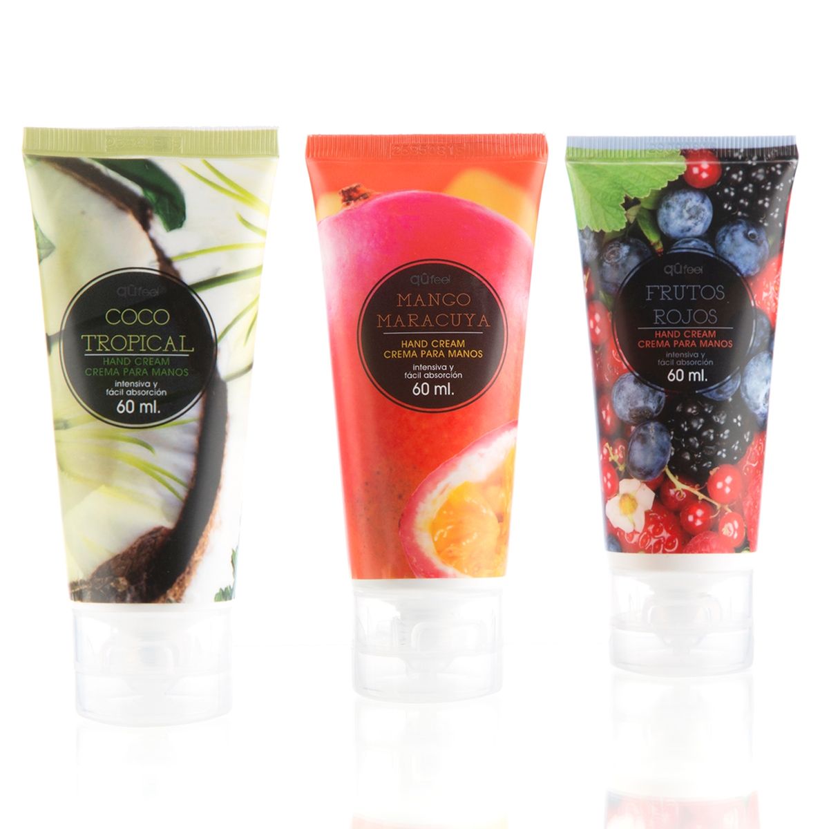 QUFEEL - Set Cremas de Manos Coco Tropical 60 ML + Frutos Rojos 60 ML + Mango Maracuya 60 ML