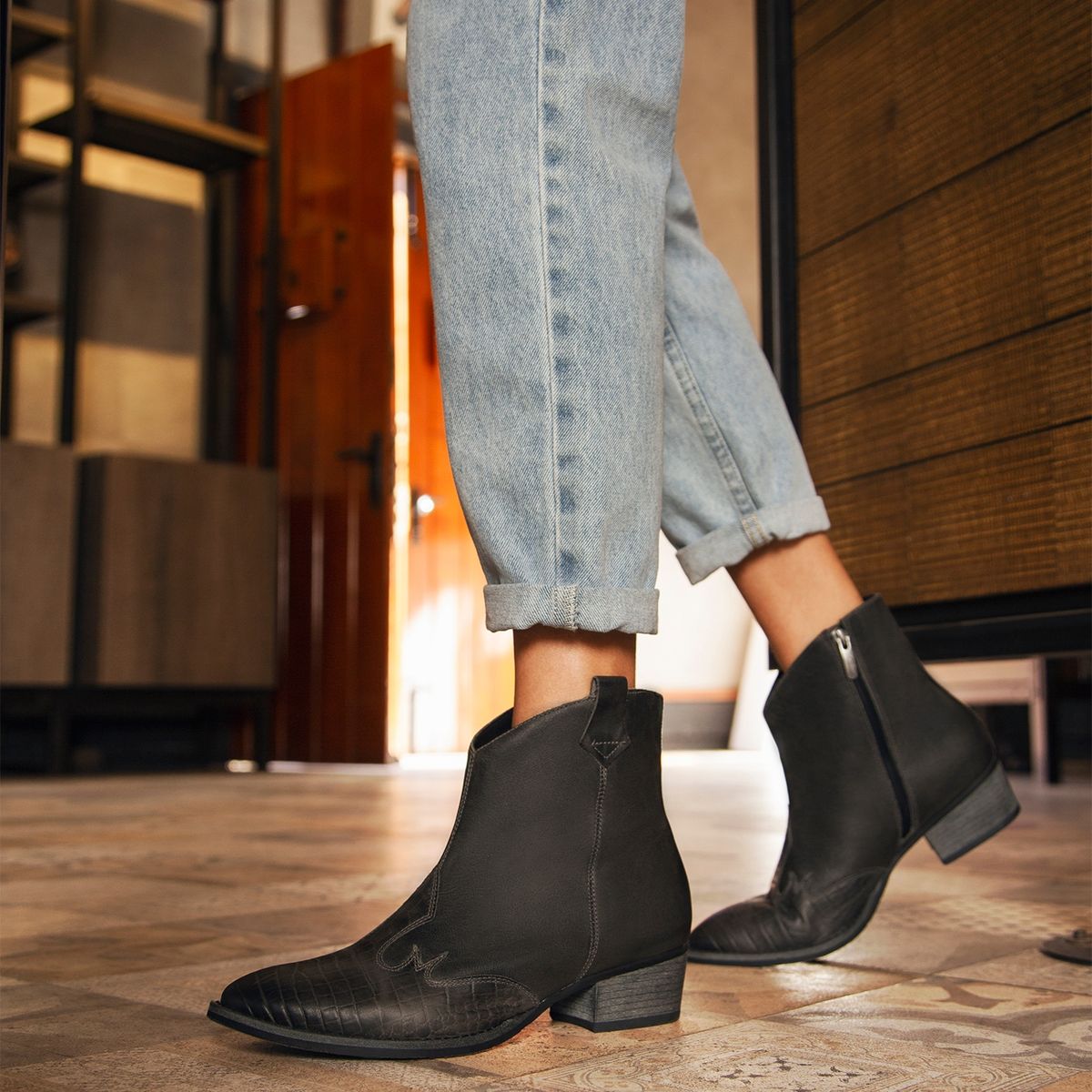 GACEL - Bota Vaquera Mujer Cuero Negro Gacel