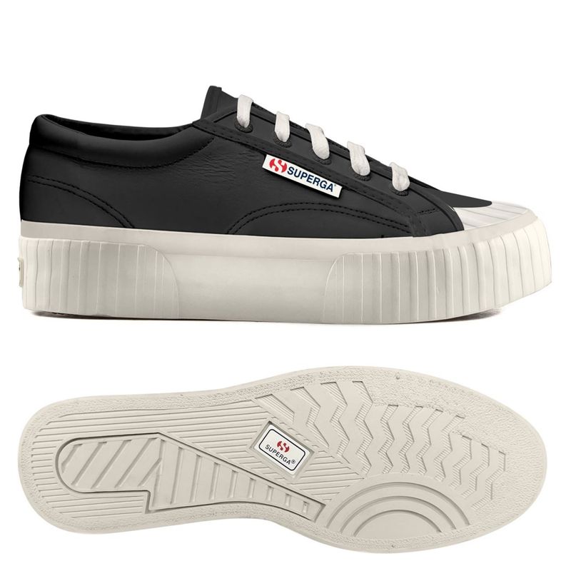 SUPERGA - S21222W - 2631 Stripe Platform Vegan Leather Zapatilla Urbana Mujer Negro Superga