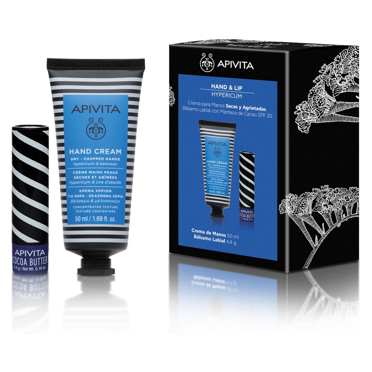 APIVITA - Set Crema De Manos Reparadora De Hypericum 50Ml Y Bálsamo Labial De Cocoa 4,4Gr Apivita