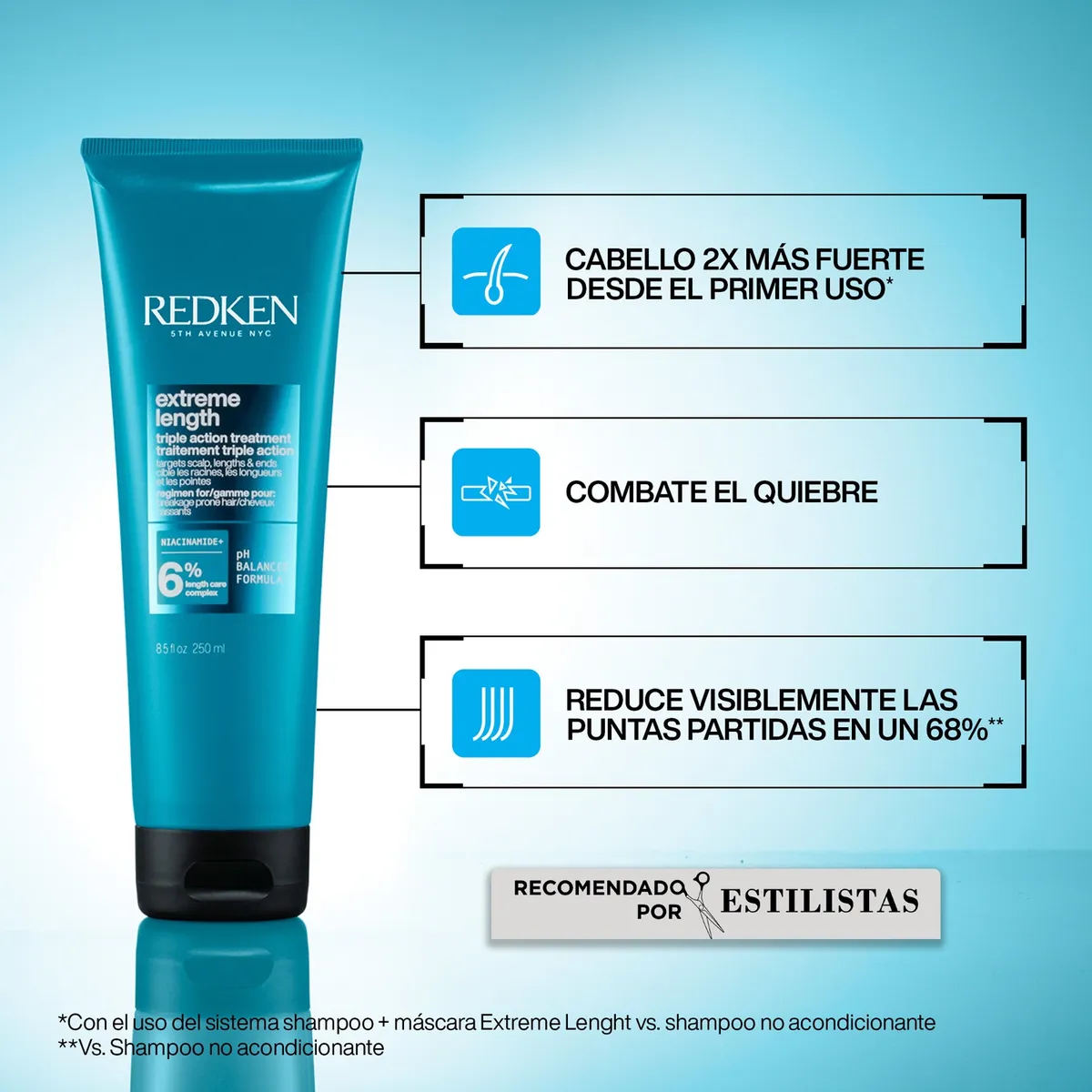 REDKEN - Máscara de Tratamiento Fortalecedor de Largos Cabello Quebradizo Triple Action Extreme Length 250ml Redken