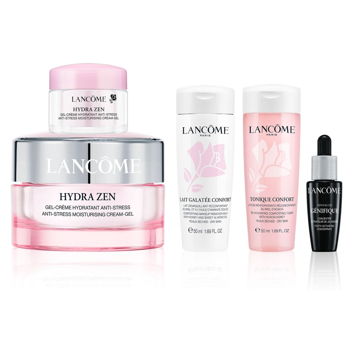 LANCOME - Set Rutina Gel Crema Hidratante 30ml + Gel Crema Hydra Zen 15ml + Serúm Advanced Génifique 10ml + Leche Limpiadora 50ml + Tónico Confort 50ml