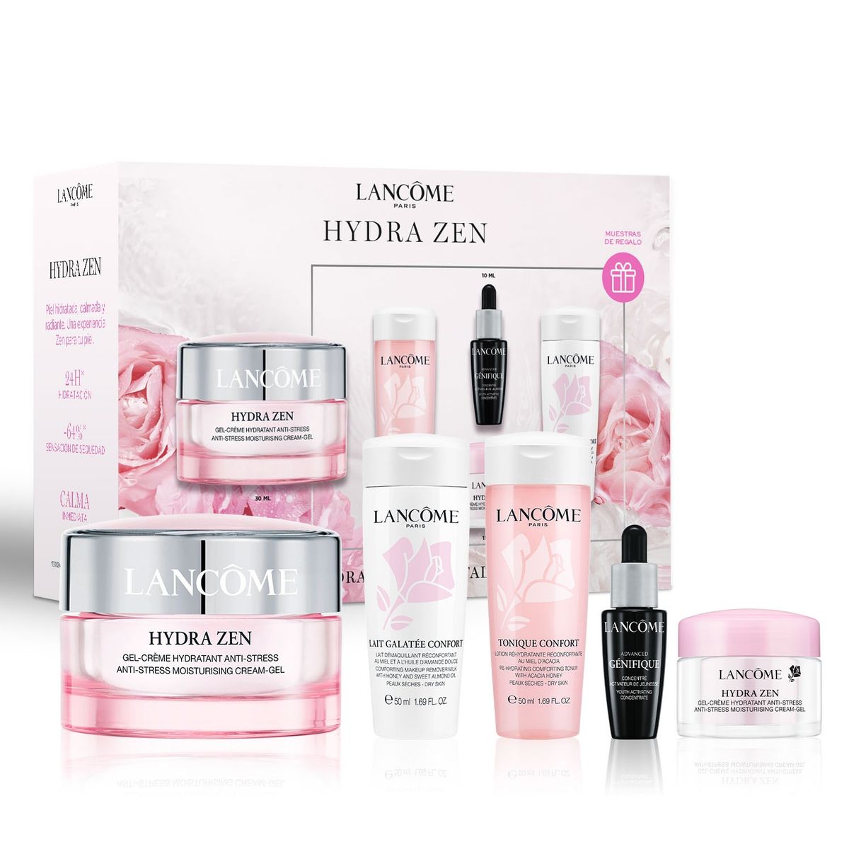 LANCOME - Set Rutina Gel Crema Hidratante 30ml + Gel Crema Hydra Zen 15ml + Serúm Advanced Génifique 10ml + Leche Limpiadora 50ml + Tónico Confort 50ml