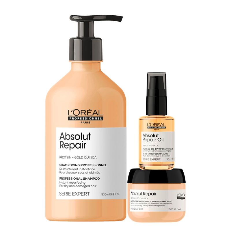 LOREAL PROFESSIONNEL - Set Tratamiento Capilar Reparación Cabello Dañado Absolut Repair Shampoo 500Ml + Máscara 75Ml + Aceite 30Ml Loreal Professionnel