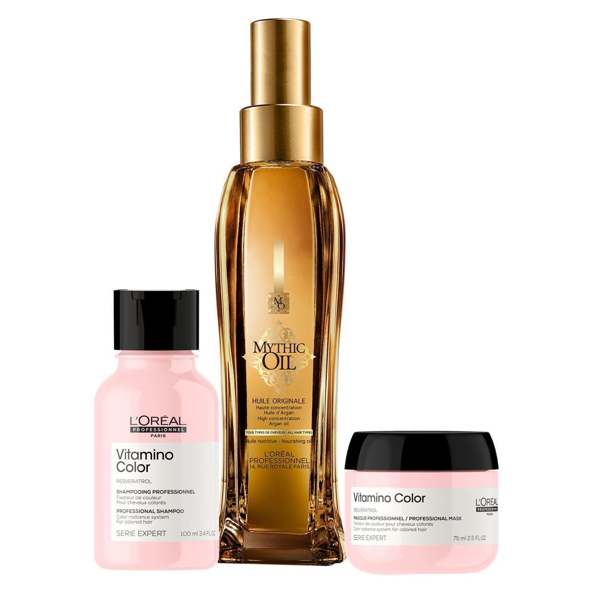 LOREAL PROFESSIONNEL - Set Cuidado del Color Shampoo Vitamino Color 300ml + Máscara 75ml + Aceite Mythic Oil 100ml