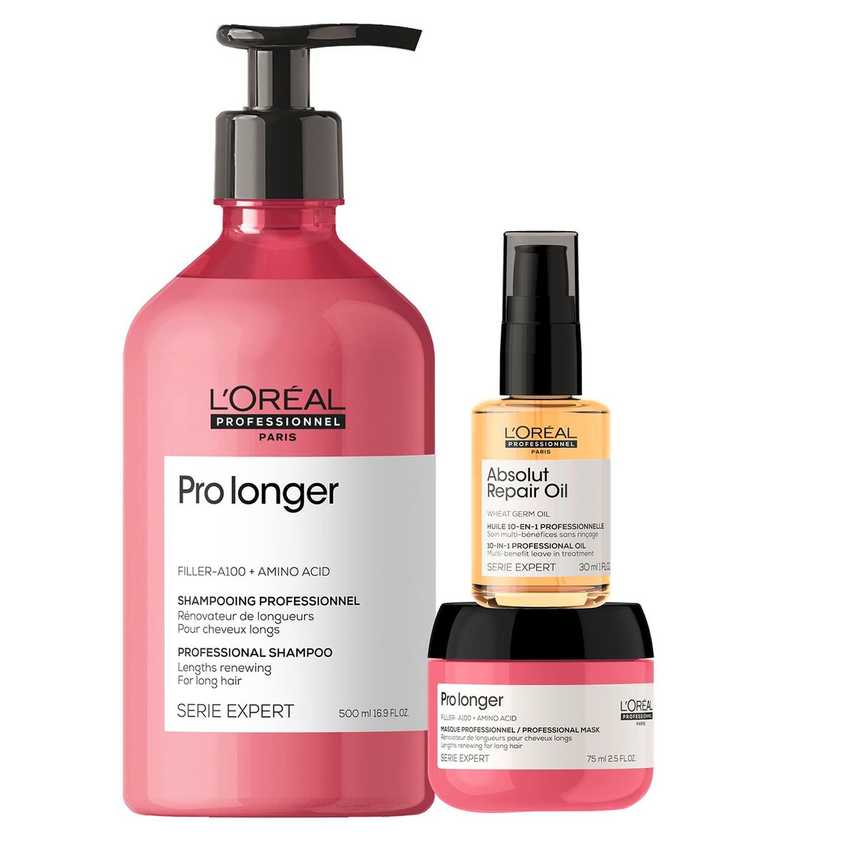 LOREAL PROFESSIONNEL - Set Tratamiento Capilar Potenciador De Largos Pro Longer Shampoo 500Ml + Máscara Capilar 75Ml + Aceite Absolut Repair 30Ml Loreal Professionnel