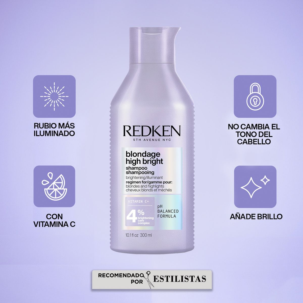 REDKEN - Shampoo con Vitamina C Iluminador de Cabello Rubio Blondage High Bright 300ml Redken